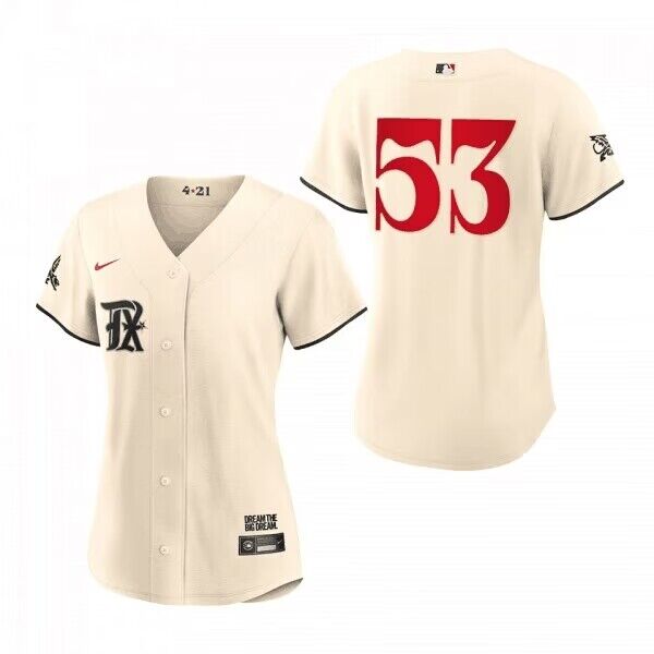 Women's Texas Rangers #53 Adolis García Cream 2023 City Connect Stitched Baseball Jersey(Run Small) Women's Texas Rangers #53 Adolis García Cream 2023 City Connect Stitched Baseball Jersey(Run Small)